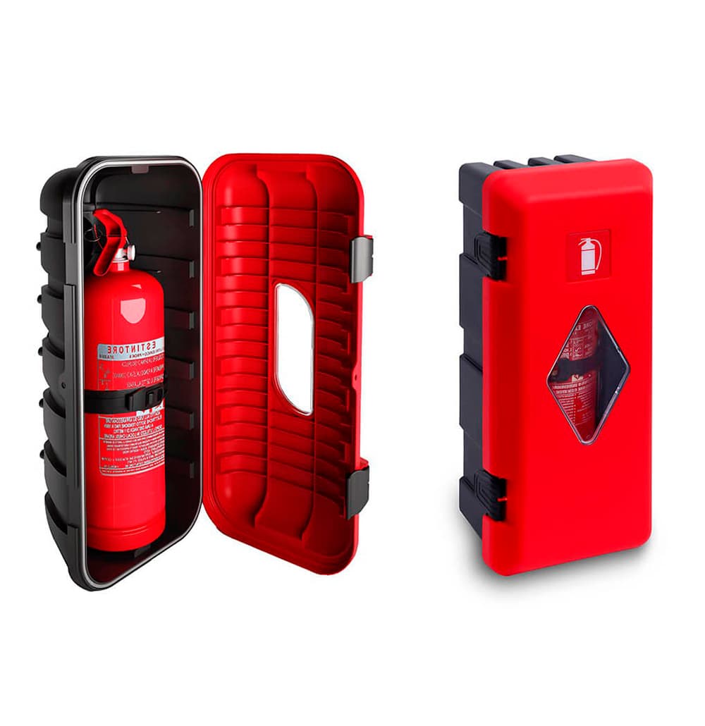Feuerlöscherkasten Frontdeckel in rot mit  Sichtluke und schwarzer Wandkorpus, geöffnet mit Feuerlöscher.