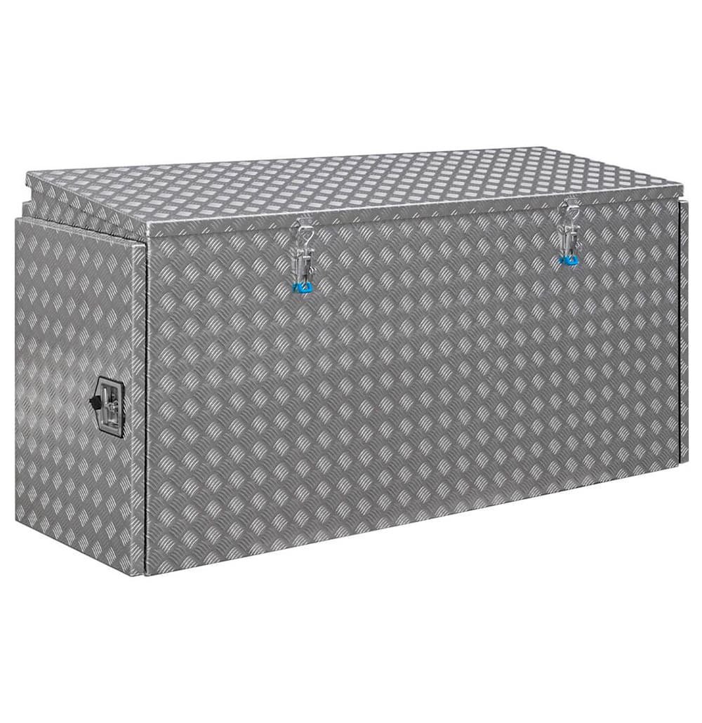 Pritschenbox aus Aluminium riffelblech mit zwei blauen spannverschlüssen